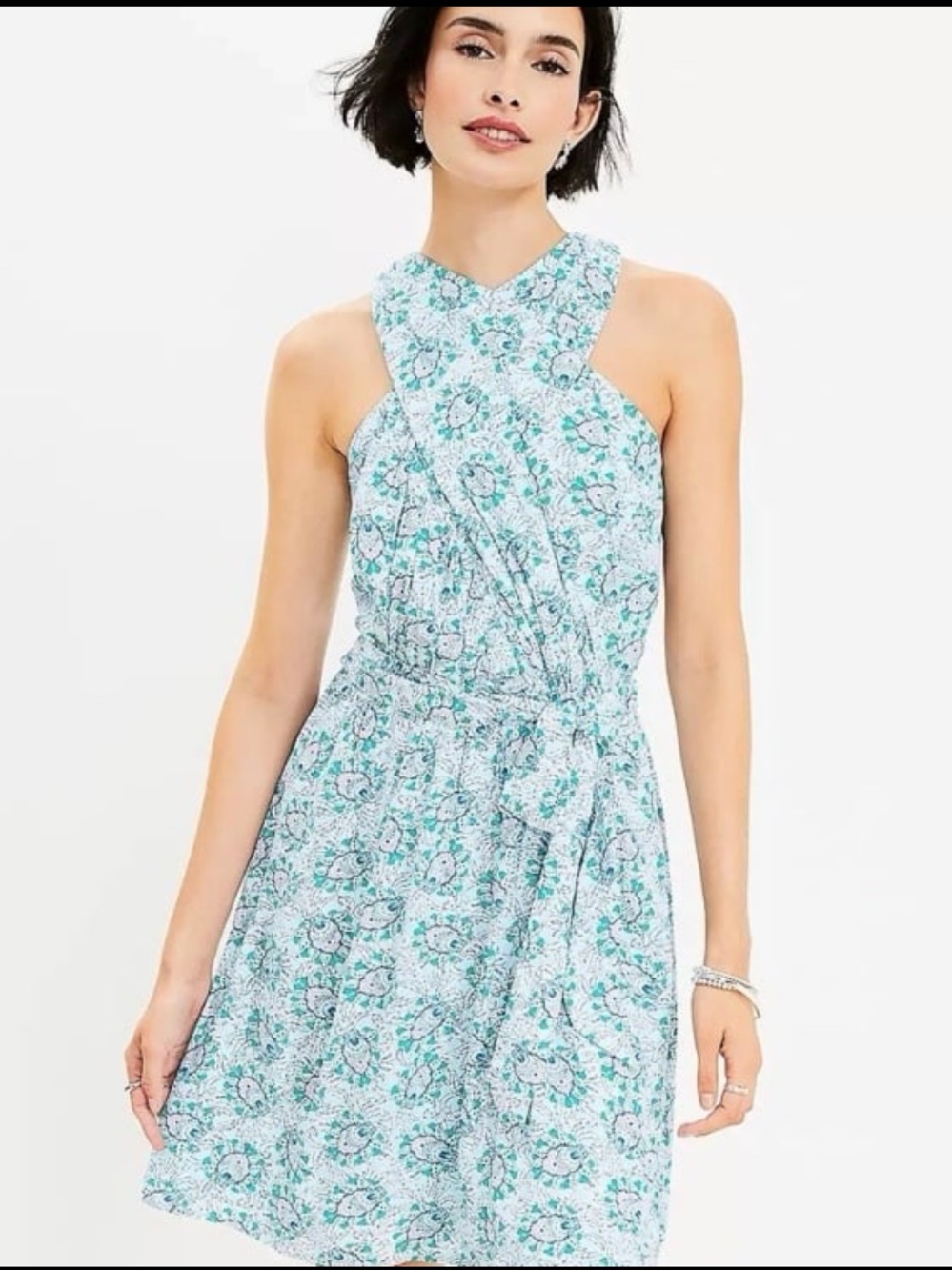 LOFT Bloom Crossover Halter-Neck Dress in Aqua Glow Mini Belted Floral